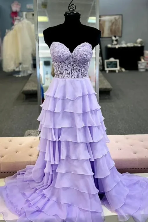 Hot Pink Strapless Tiered Corset Prom Dress with Slit