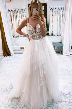 Ivory A-Line Backless Asymmetrical Tulle Long Wedding Dress with Lace