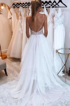 Ivory A-Line Backless Asymmetrical Tulle Long Wedding Dress with Lace