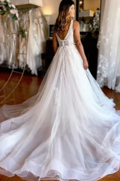 Ivory A-Line Deep V-Neck Backless Long Wedding Dress with Lace