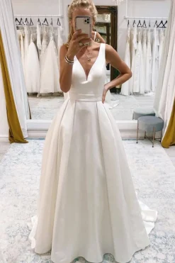 Ivory A-Line Deep V-Neck Long Wedding Dress with Bowknot