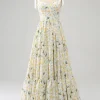 Ivory A-Line Floral Long Prom Dress