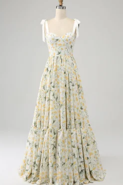 Ivory A-Line Floral Long Prom Dress