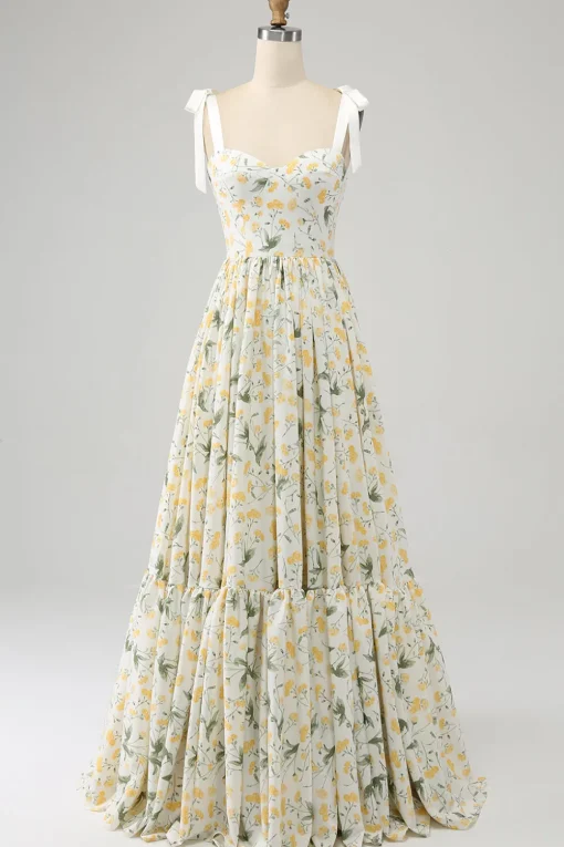 Ivory A-Line Floral Long Prom Dress