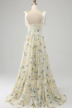 Ivory A-Line Floral Long Prom Dress