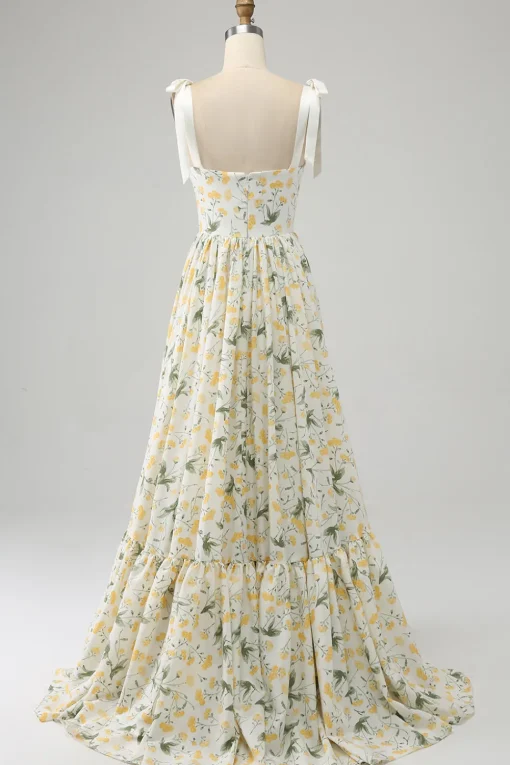 Ivory A-Line Floral Long Prom Dress