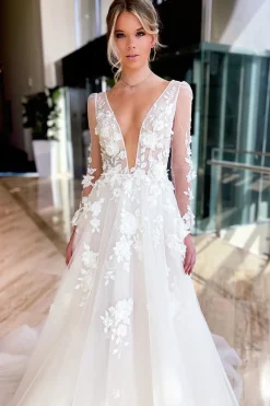 Ivory A-Line Illusion Deep V-Neck Long Sleeves Wedding Dress