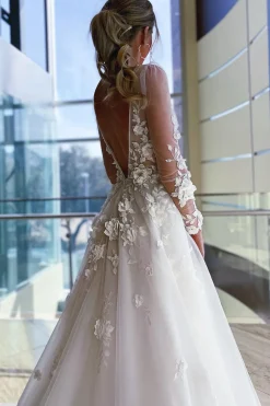 Ivory A-Line Illusion Deep V-Neck Long Sleeves Wedding Dress