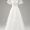 Ivory A-Line Puff Sleeves Wedding Dress with Appliques