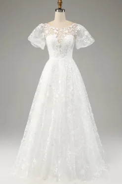 Ivory A-Line Puff Sleeves Wedding Dress with Appliques