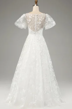Ivory A-Line Puff Sleeves Wedding Dress with Appliques