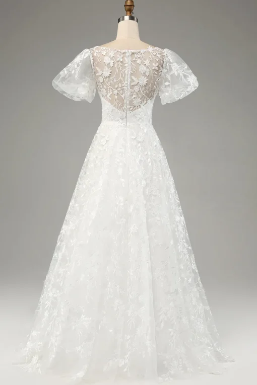 Ivory A-Line Puff Sleeves Wedding Dress with Appliques