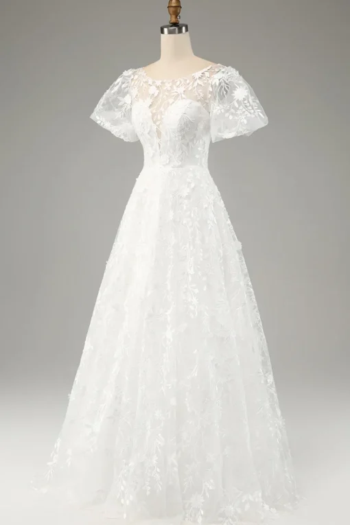 Ivory A-Line Puff Sleeves Wedding Dress with Appliques