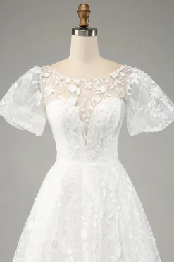 Ivory A-Line Puff Sleeves Wedding Dress with Appliques