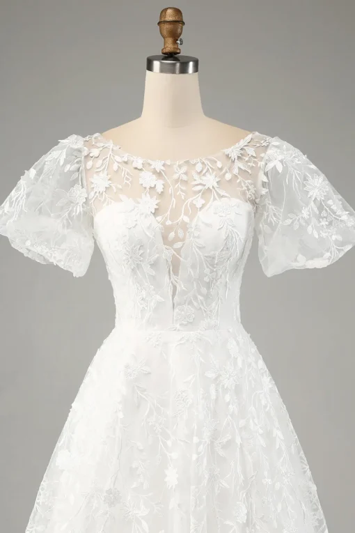 Ivory A-Line Puff Sleeves Wedding Dress with Appliques
