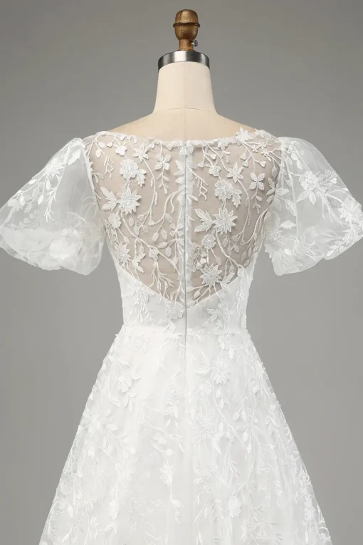 Ivory A-Line Puff Sleeves Wedding Dress with Appliques