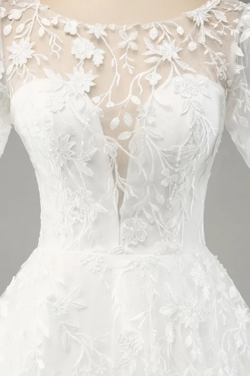 Ivory A-Line Puff Sleeves Wedding Dress with Appliques