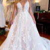 Ivory A-Line Spaghetti Straps Long Lace Wedding Dress