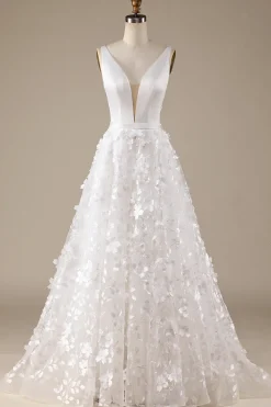 Ivory A-Line V-Neck Wedding Dress with 3D Flowers