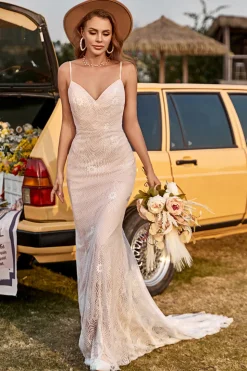 Ivory and Champagne Spaghetti Straps Mermaid Lace Beach Wedding Dress With Sweep Train
