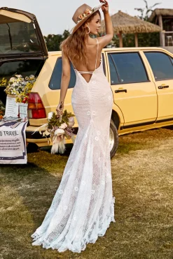 Ivory and Champagne Spaghetti Straps Mermaid Lace Beach Wedding Dress With Sweep Train