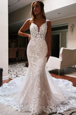 Ivory Backless Lace Mermaid Long Wedding Dress