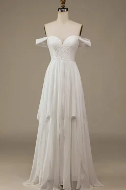 Ivory Boho Chiffon Asymmetrical Wedding Dress with Lace
