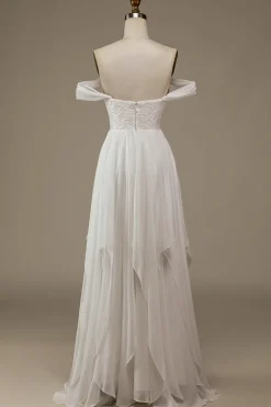 Ivory Boho Chiffon Asymmetrical Wedding Dress with Lace