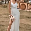 Ivory Boho Satin Simple Mermaid Wedding Dress with Slit