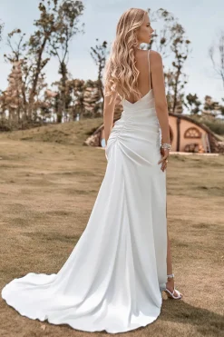 Ivory Boho Satin Simple Mermaid Wedding Dress with Slit