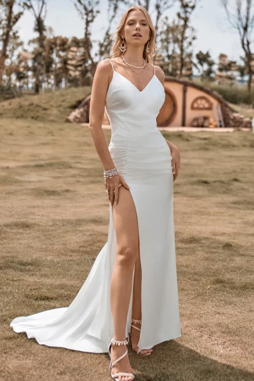 Ivory Boho Satin Simple Mermaid Wedding Dress with Slit