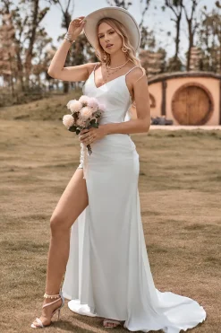 Ivory Boho Satin Simple Mermaid Wedding Dress with Slit