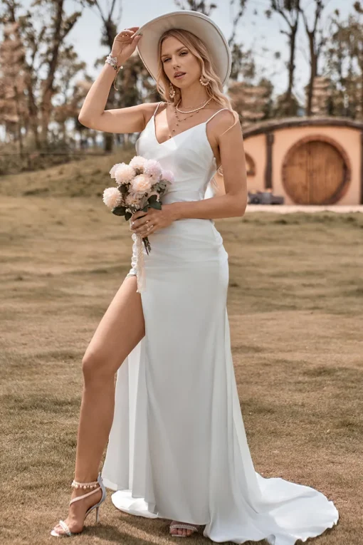 Ivory Boho Satin Simple Mermaid Wedding Dress with Slit