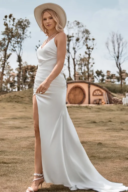 Ivory Boho Satin Simple Mermaid Wedding Dress with Slit
