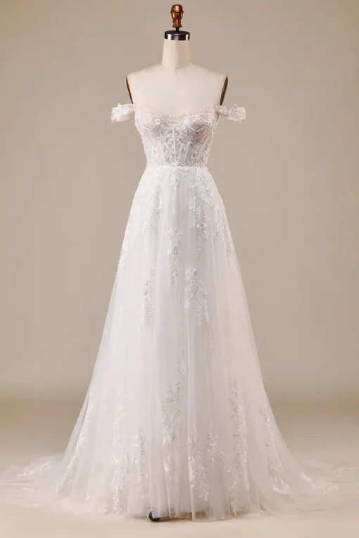 Ivory Detachable Off the Shoulder Corset Tulle Wedding Dress