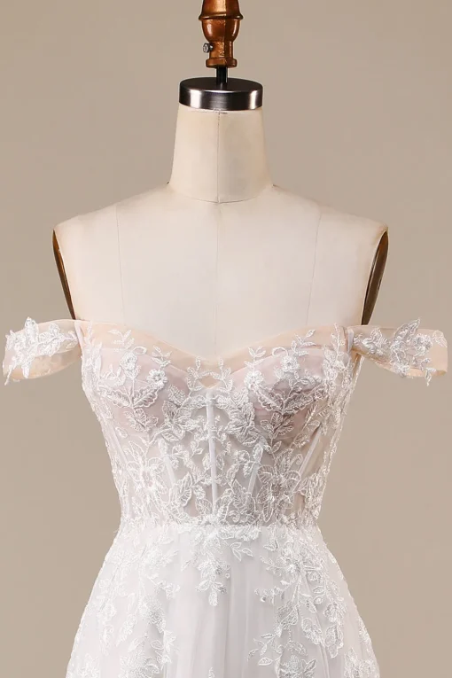 Ivory Detachable Off the Shoulder Corset Tulle Wedding Dress