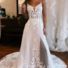 Ivory Detachable Sleeve High Slit A-Line Wedding Dress with Appliques