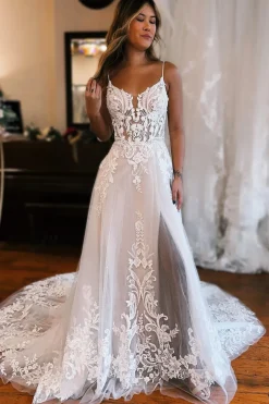 Ivory Detachable Sleeve High Slit A-Line Wedding Dress with Appliques