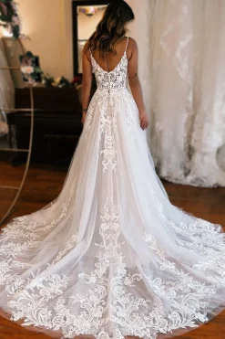 Ivory Detachable Sleeve High Slit A-Line Wedding Dress with Appliques