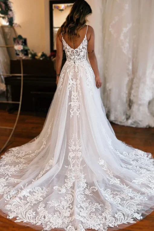 Ivory Detachable Sleeve High Slit A-Line Wedding Dress with Appliques