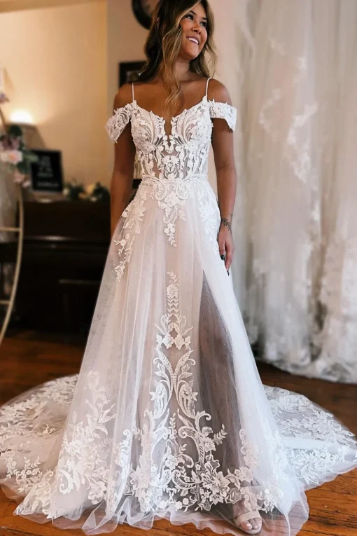 Ivory Detachable Sleeve High Slit A-Line Wedding Dress with Appliques