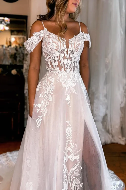 Ivory Detachable Sleeve High Slit A-Line Wedding Dress with Appliques