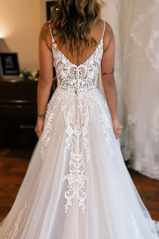 Ivory Detachable Sleeve High Slit A-Line Wedding Dress with Appliques