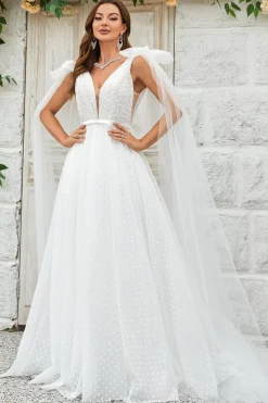 Ivory Detachable Watteau Train Tulle Wedding Dress