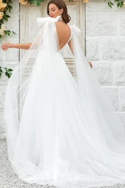 Ivory Detachable Watteau Train Tulle Wedding Dress