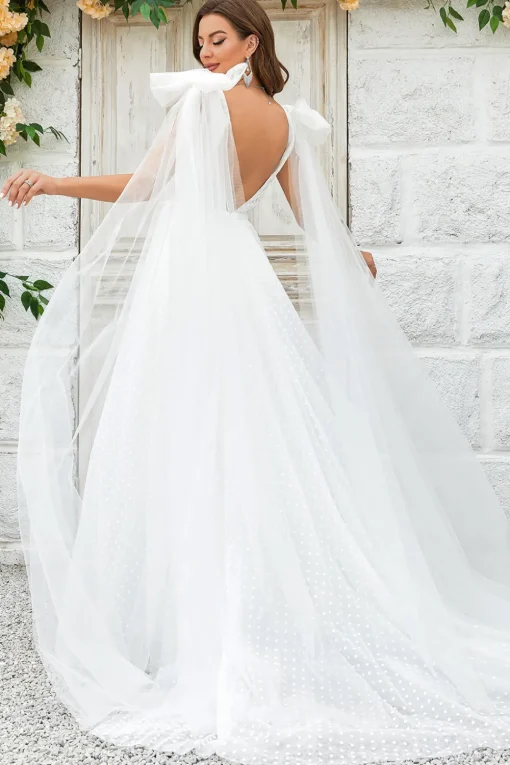 Ivory Detachable Watteau Train Tulle Wedding Dress