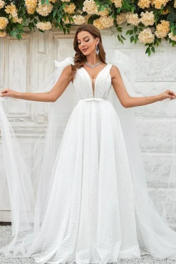 Ivory Detachable Watteau Train Tulle Wedding Dress