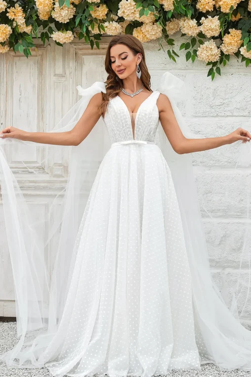 Ivory Detachable Watteau Train Tulle Wedding Dress