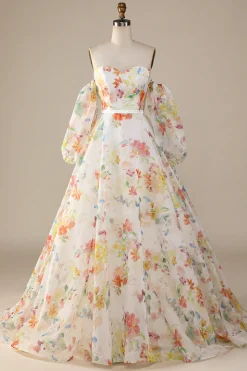 Ivory Floral A-Line Sweep Train Wedding Dress with Sleeves