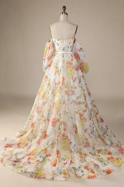 Ivory Floral A-Line Sweep Train Wedding Dress with Sleeves